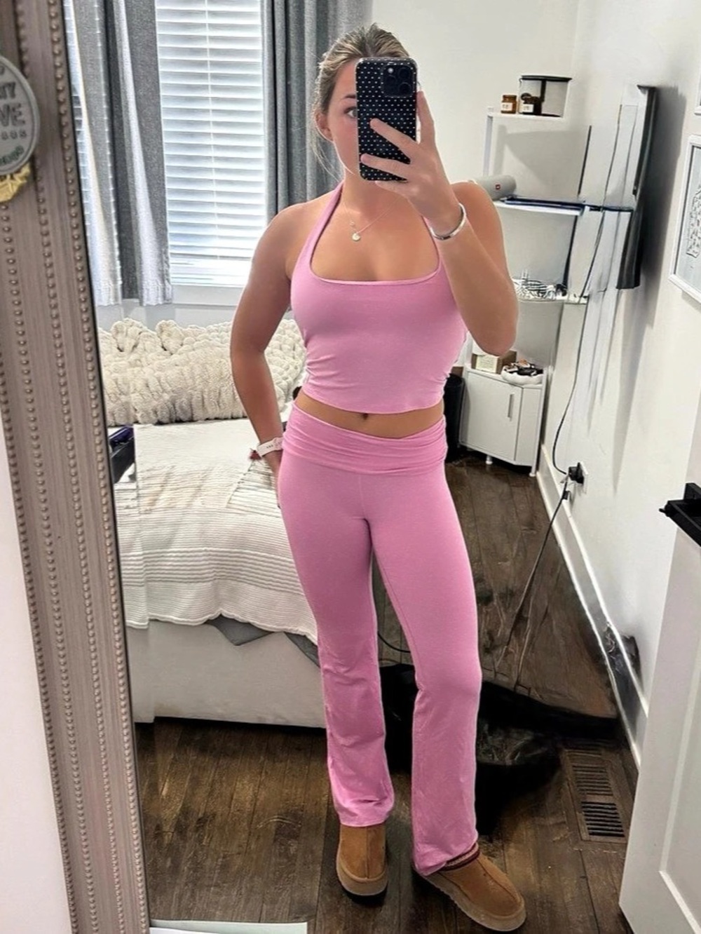 Vuori PINK Foldover Flare Leggings and Halter Top Set